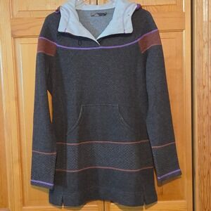 Prana Breathe Wool Blend Hoodie Herringbone Striped Kangaroo Pocket Gray Large